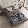 Modern Double Bed With Wooden Frame Upholstered Headboard Plush Pillows And Linen Bedding