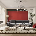 Modern Stylish Living Dining Room Interior Design With Red Chair White Sofa And Decorative Niches