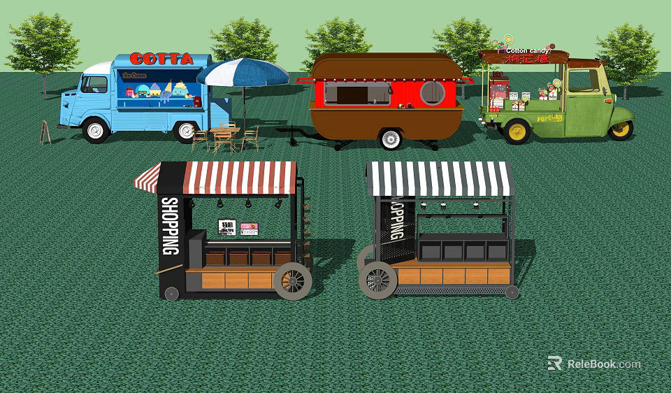 Colorful Mobile Food Trucks With Outdoor Umbrella Chairs And Snack Stalls 3d model 