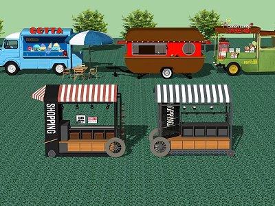 Colorful Mobile Food Trucks With Outdoor Umbrella Chairs And Snack Stalls 3d model