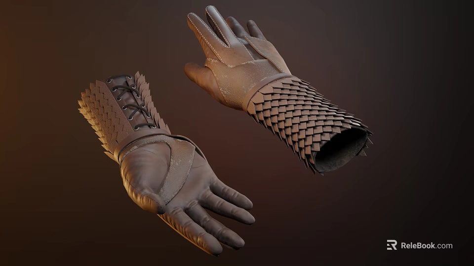 Brown Leather Gloves With Braided And Scaly Pattern For Medieval Cosplay 3d model 