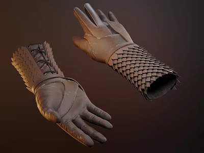 Brown Leather Gloves With Braided And Scaly Pattern For Medieval Cosplay 3d model