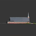 Cartoon Scene Church with Gray Roof Red Brick Walls Spire Pink Path and Green Lawn