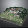 Green natural landscape with rolling hills lush trees terraced fields and small buildings