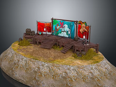 Outdoor Commercial Display Equipment With Wooden Platform Colorful Banners Rock Base Steps Barrels And Candles 3d model