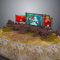Outdoor Commercial Display Equipment With Wooden Platform Colorful Banners Rock Base Steps Barrels And Candles
