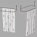 White Shower Curtains With Black Patterns In Bathroom Interior On Metal Circular Rods