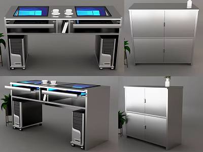 Modern Office Desk With Dual Screens Glass Top Metal Frame Side Cabinet And Plants 3d model