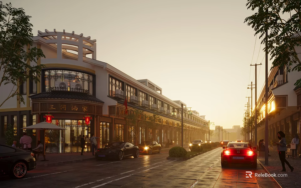Charming Traditional Chinese Commercial Street With Shops Cars Pedestrians And Warm Evening Lights 3d model 
