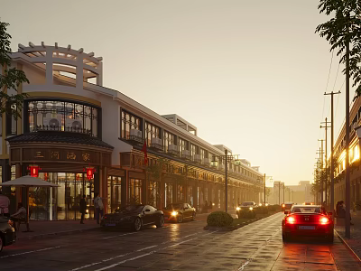 Charming Traditional Chinese Commercial Street With Shops Cars Pedestrians And Warm Evening Lights 3d model