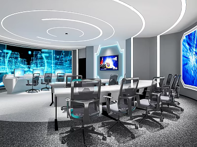 Modern Monitoring Room With Circular Ceiling Lights Multiple Screens And Office Chairs 3d model