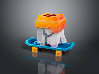 Pixel Art Game Character With Orange Hat White Body Riding Blue Skateboard Yellow Wheels 3d model
