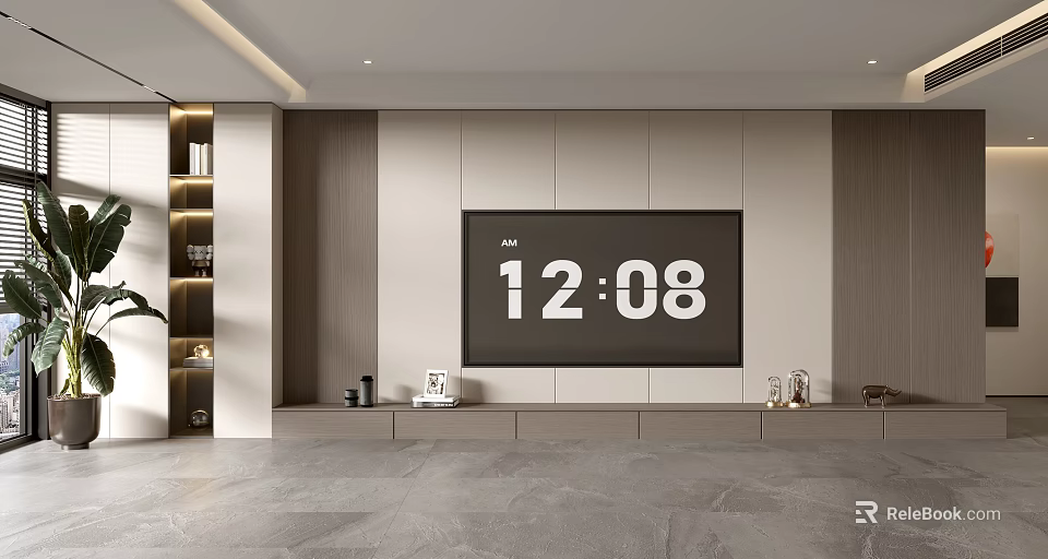Modern TV Background Wall Design With Wooden Panels Floating Shelves And Neutral Tones Decor 3d model 