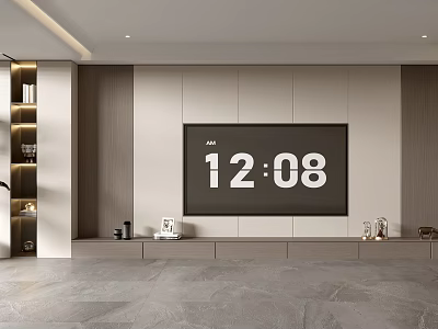Modern TV Background Wall Design With Wooden Panels Floating Shelves And Neutral Tones Decor 3d model
