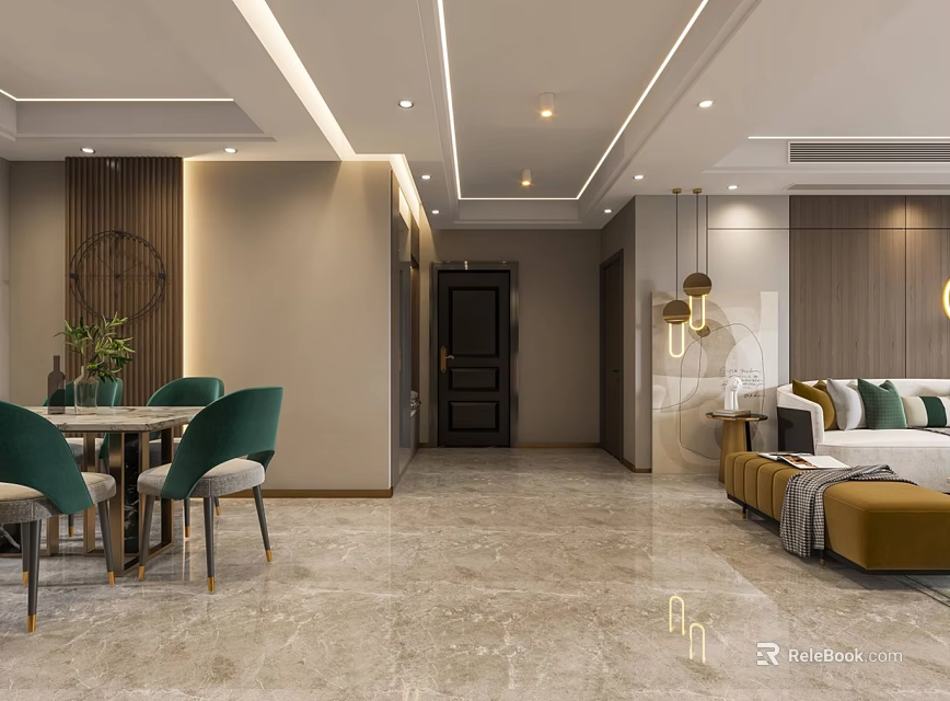 Elegant Modern Living and Dining Room Interior With Sofa Dining Table Chairs And Pendant Lights 3d model 