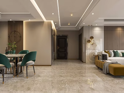 Elegant Modern Living and Dining Room Interior With Sofa Dining Table Chairs And Pendant Lights 3d model