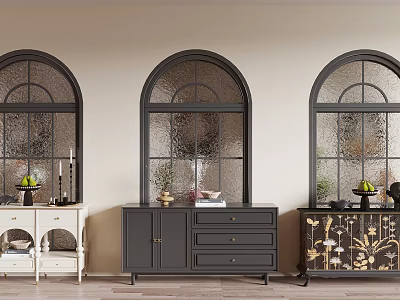 Stylish Entryway Side Cabinets White Dark Grey Patterned with Vases Fruits Books Against Arched Windows 3d model