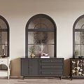 Stylish Entryway Side Cabinets White Dark Grey Patterned with Vases Fruits Books Against Arched Windows