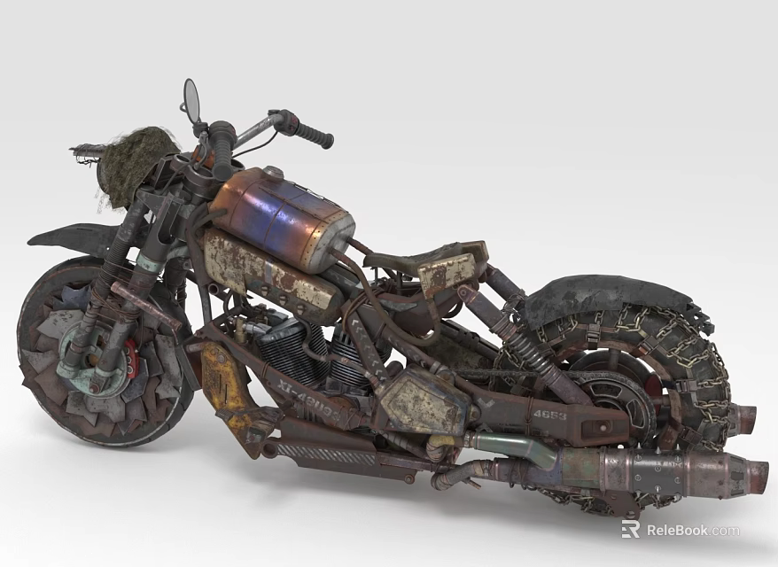 Custom Vintage Motorcycle With Rustic Metal Body Large Tires Leather Seat And Exhaust Pipes 3d model 