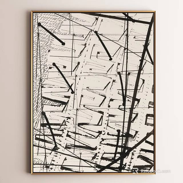 Abstract Art Painting Featuring Black Crossed Lines And Structural Geometric Design 3d model 