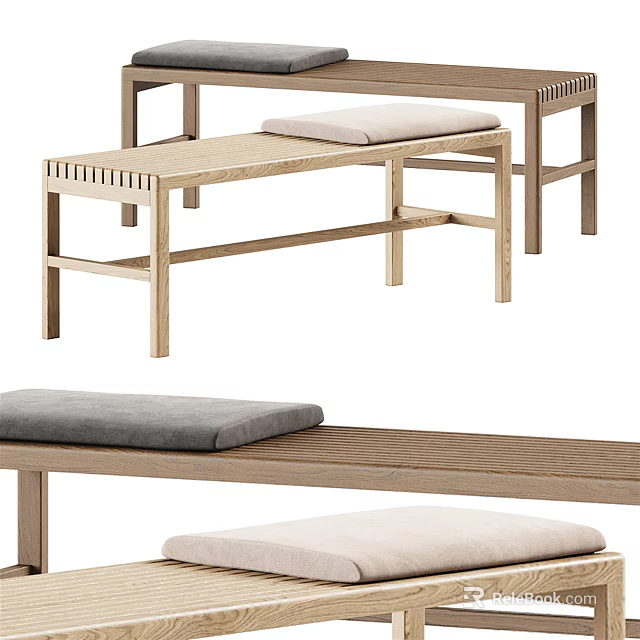 Minimalist Modern Wooden Stools With Slatted Seats And Soft Gray Beige Cushions 3d model 