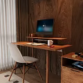 Wooden Desk Setup With Computer Monitor Notebook White Mug Red Pen And White Chair