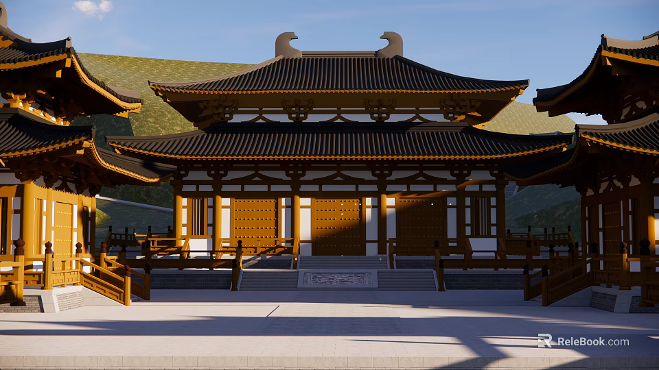 Classic Ancient Architecture With Curved Eaves Tile Roof Wooden Structure And Stone Steps 3d model 