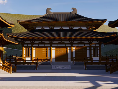 Classic Ancient Architecture With Curved Eaves Tile Roof Wooden Structure And Stone Steps 3d model