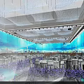 Elegant Banquet Hall Interior With Large Blue Background Screens Tables Chairs Lighting And Flowers