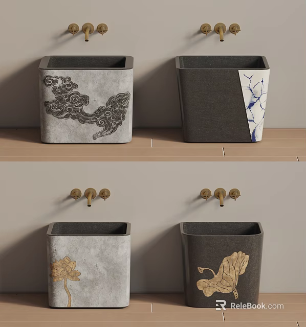 Decorative Gray Washbasins with Intricate Patterns and Golden Faucets on Wooden Countertop 3d model 