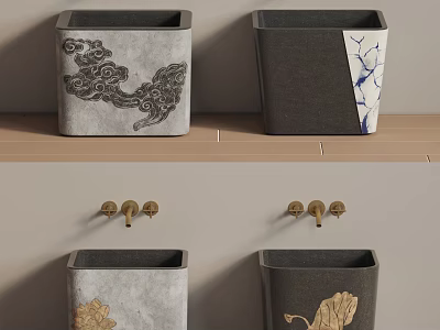 Decorative Gray Washbasins with Intricate Patterns and Golden Faucets on Wooden Countertop 3d model