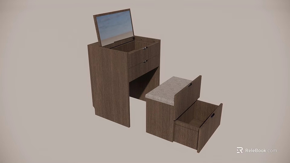Wooden Dressing Table Set With Mirror Drawers And Upholstered Stool 3d model