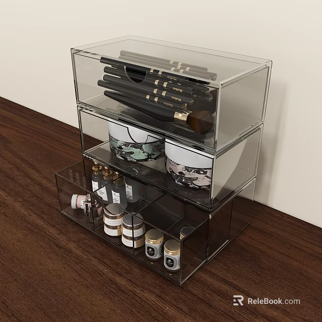 Organized Perfume and Cosmetics in Transparent Acrylic Storage Organizer with Makeup Brushes Jars and Bottles 3d model 