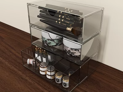 Organized Perfume and Cosmetics in Transparent Acrylic Storage Organizer with Makeup Brushes Jars and Bottles 3d model