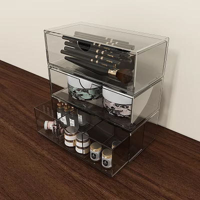 Organized Perfume and Cosmetics in Transparent Acrylic Storage Organizer with Makeup Brushes Jars and Bottles 3d model
