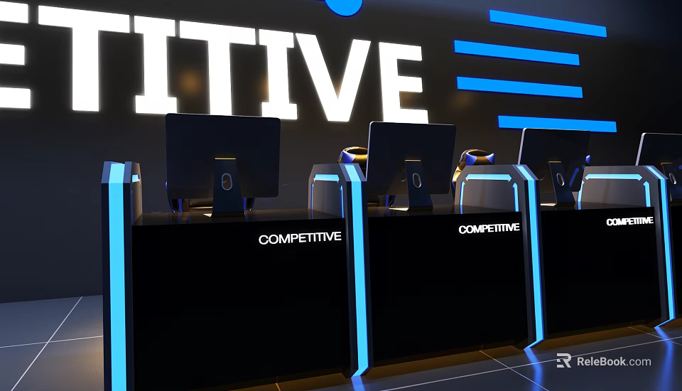 Modern Competitive Gaming Entertainment Desk With Multiple Monitors Blue LED Lighting And Sleek Black Design 3d model 