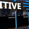Modern Competitive Gaming Entertainment Desk With Multiple Monitors Blue LED Lighting And Sleek Black Design