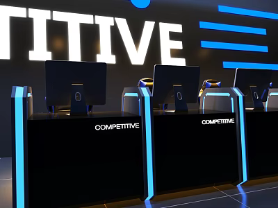 Modern Competitive Gaming Entertainment Desk With Multiple Monitors Blue LED Lighting And Sleek Black Design 3d model