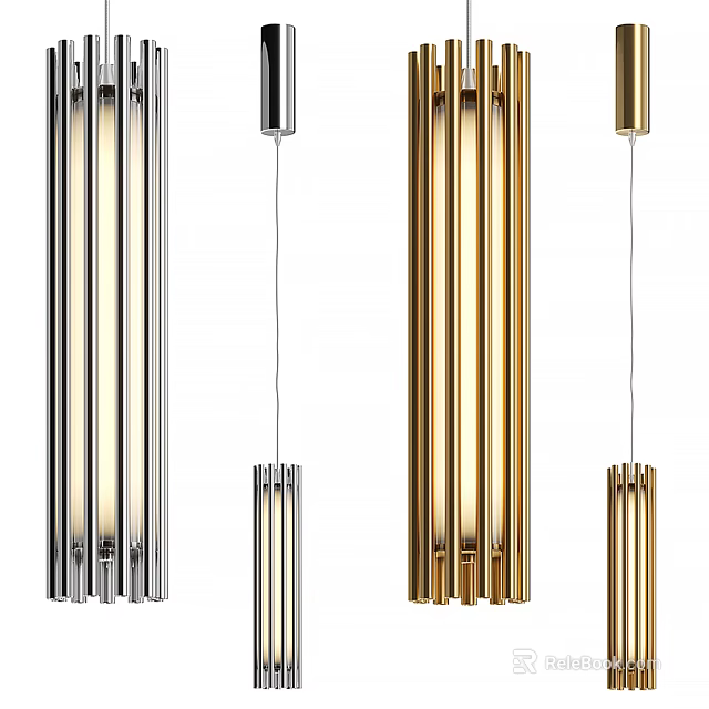 Sleek Contemporary Cylindrical Pendant Lights In Silver And Brass Metal For Modern Interior Decor 3d model 