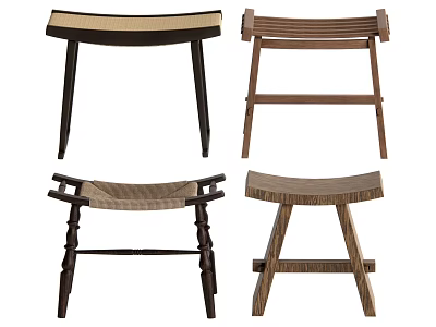 Various Wooden Stools with Different Designs Woven Seats and Unique Structures 3d model