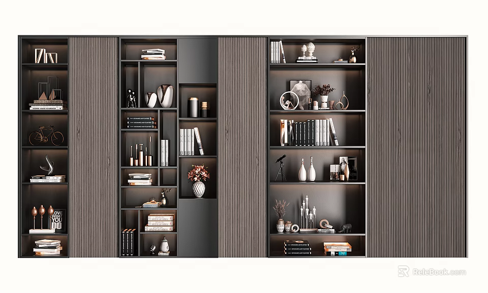 Modern Bookcase Design With Shelves Books Decorative Items And Vases 3d model 