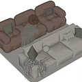 Modern Sectional Sofa Set With Brown And Beige Upholstery Green Pillows And Plaid Blankets