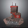 Industrial Equipment With Red Panel White Cross Symbol Top Antennas Hexagonal Base And Circular Dials
