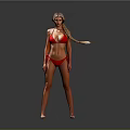 Woman In Red Bikini With Long Blonde Braid Standing Against Gray Background