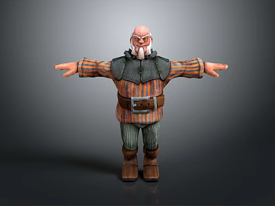 Game Movie Character With Elderly Bald Head Large Beard Striped Shirt Gray Vest Brown Belt Boots 3d model