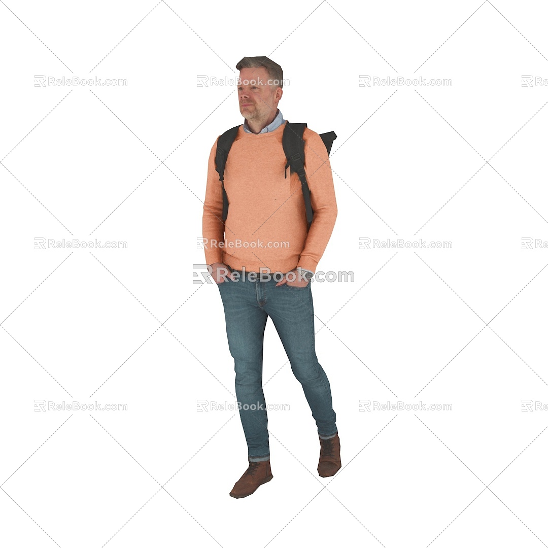 Standing foreign man in spring and summer costume carrying schoolbag middle-aged man 3d model