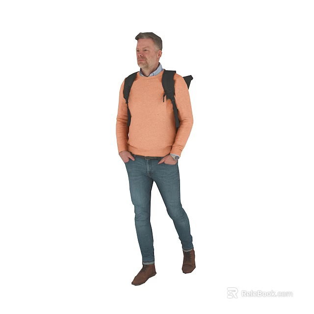 Man Wearing Orange Sweater Blue Jeans Brown Shoes With Backpack 3d model 