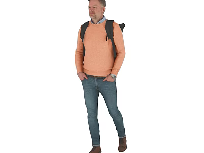 Man Wearing Orange Sweater Blue Jeans Brown Shoes With Backpack 3d model
