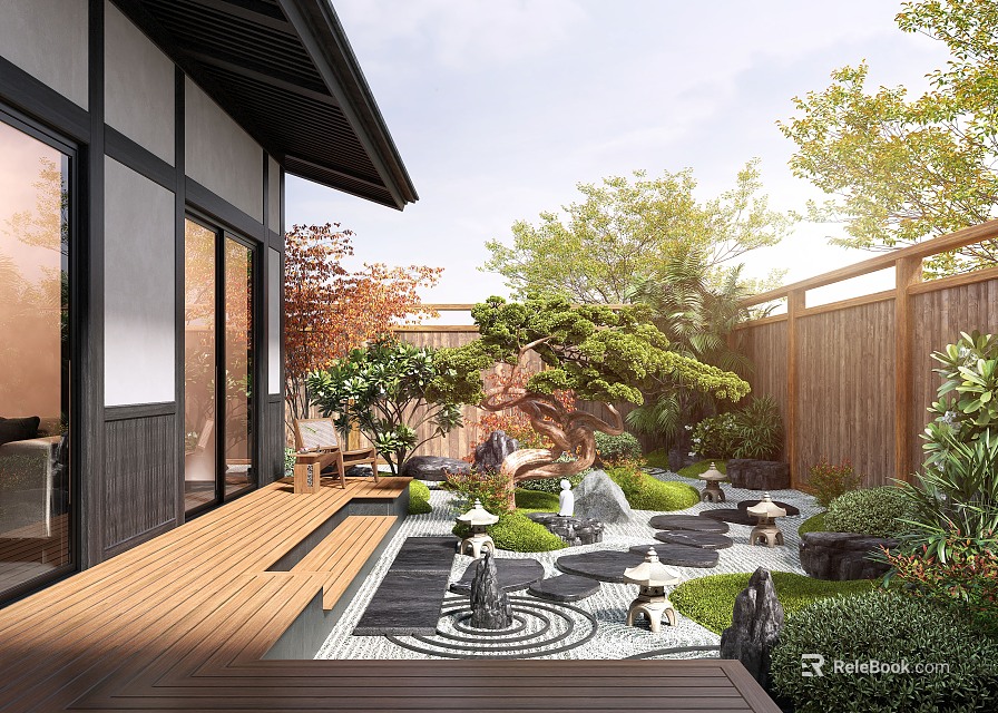 Japanese Courtyard Garden Design With Wooden Deck Stone Elements Green Plants And Fountain 3d model 