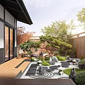 Japanese Courtyard Garden Design With Wooden Deck Stone Elements Green Plants And Fountain